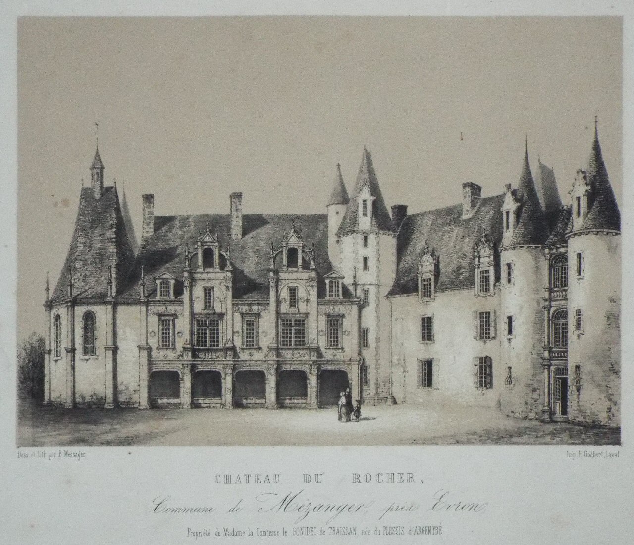 Lithograph - Chateau de Rocher, Commune de Mezanger pres Evron. - Messager